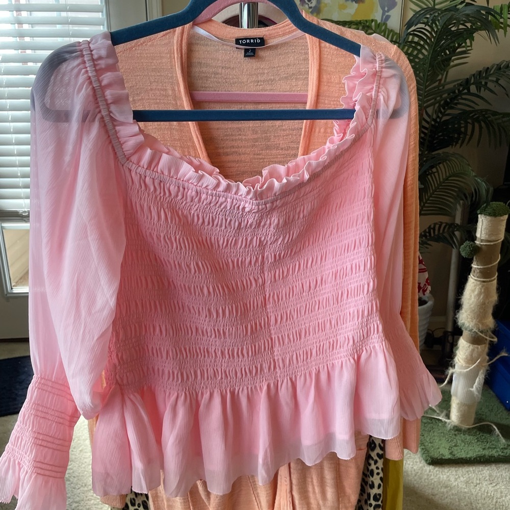 Torrid Pink Ruffled Off Shoulders Top